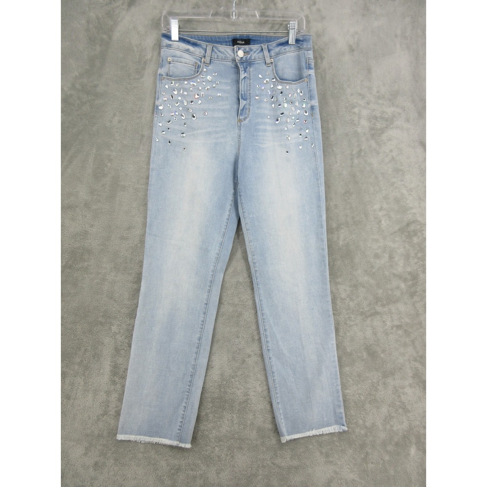 AQUA Jeans Womens Size 30 Rhinestone Embellished Raw Hem Straight Leg Stretch